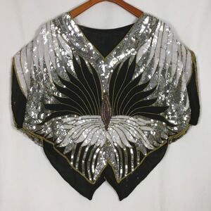 Vintage 80s Butterfly All Over Sequin Beaded Embellished Women's Top Size M